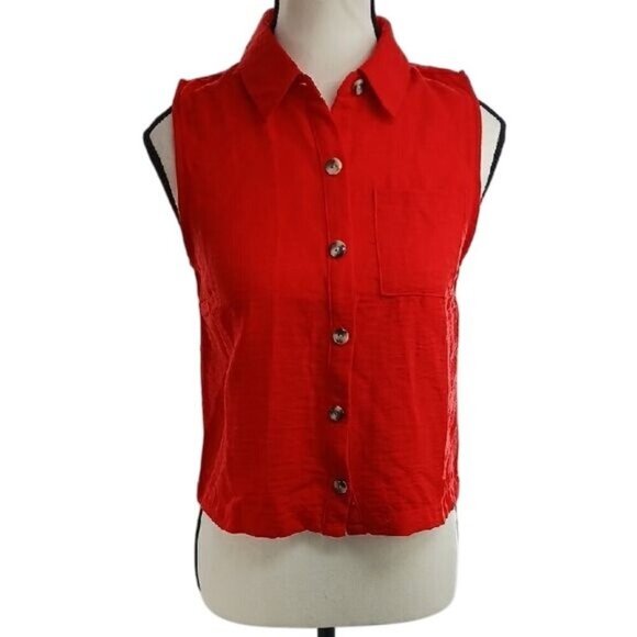 Monteau Blouse Red Fitted Button Down Sleeveless Pocket Womens Size Small - Picture 1 of 7